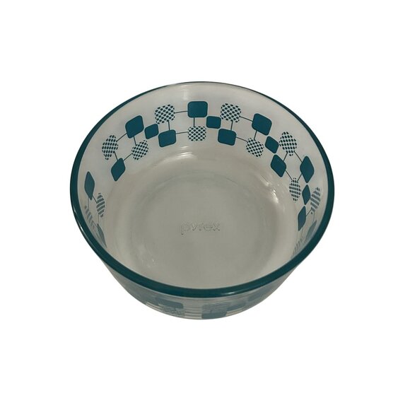 Pyrex Vintage Clear Glass Bowl With Teal Square Pattern 6" Wide 3" High Retro - Picture 2 of 3
